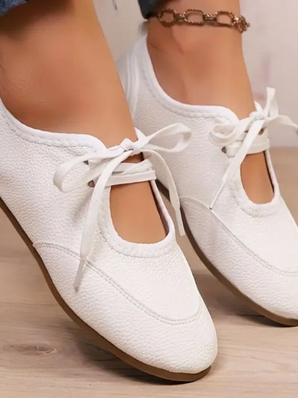 Zara White Textured Lace-Up Ballet Flats